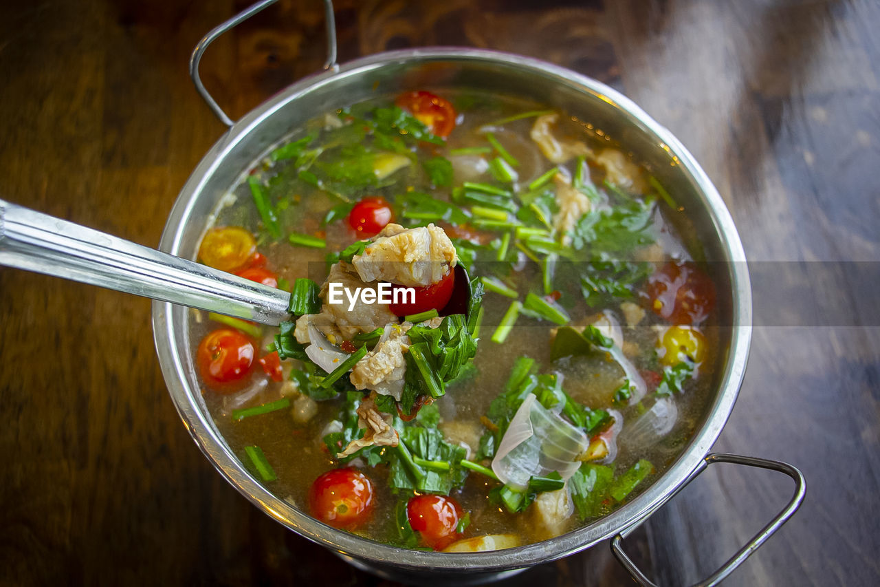 High angle view of soup in bowl on table