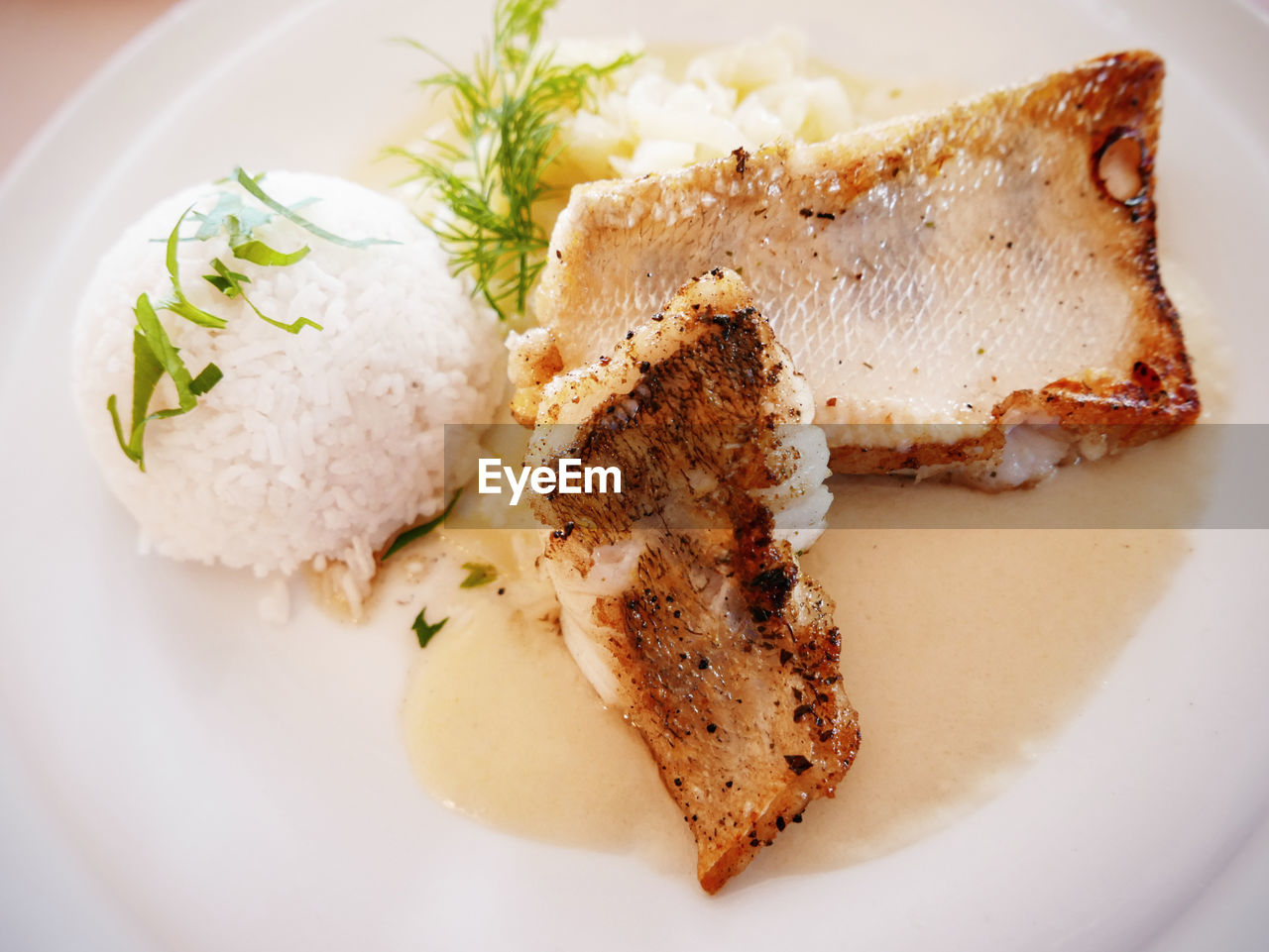 High angle view of grilled fish and rice ball served in plate