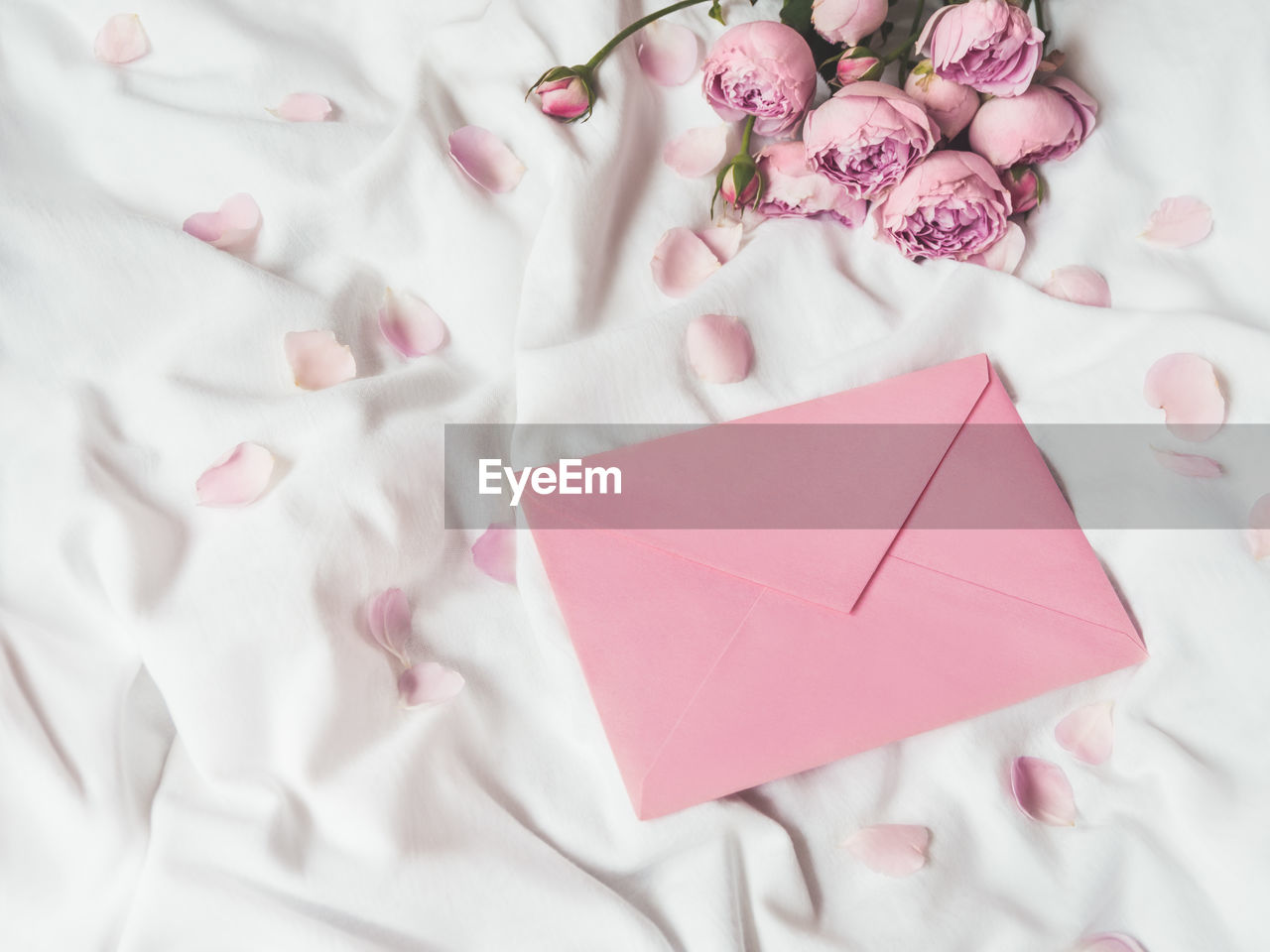 HIGH ANGLE VIEW OF WHITE ROSE ON BED WITH PAPER