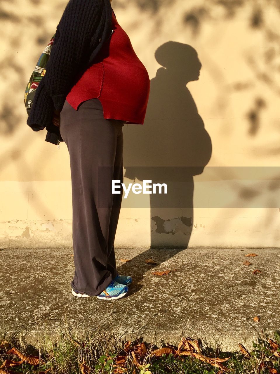 Low section of pregnant woman standing on footpath