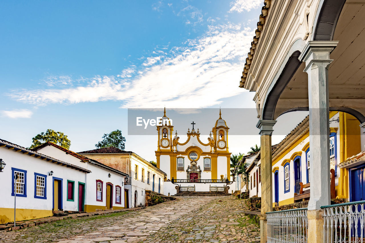 Old and historic street with colonial houses and baroque church at tiradentes city