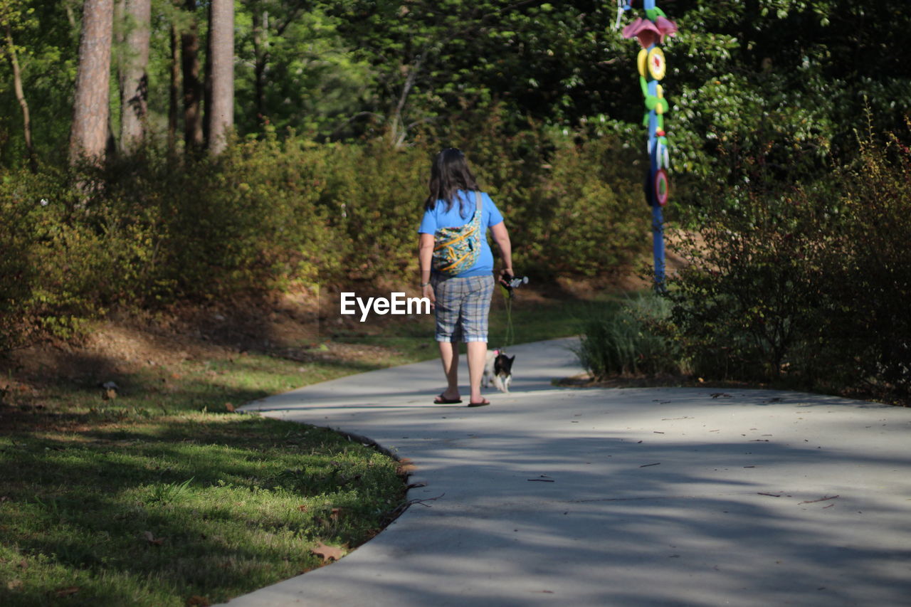 Rear view full length of woman walking with dog on road