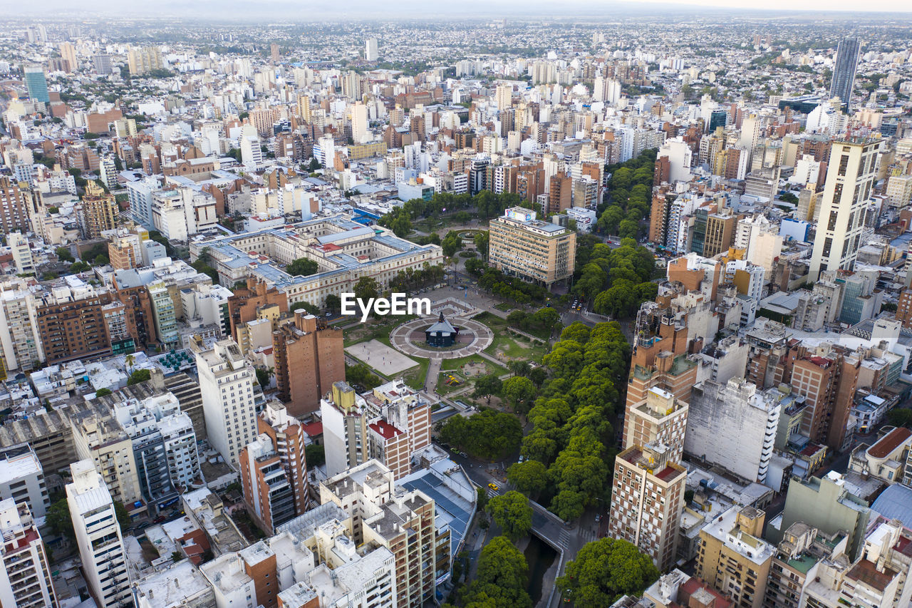 High angle view of modern buildings in city