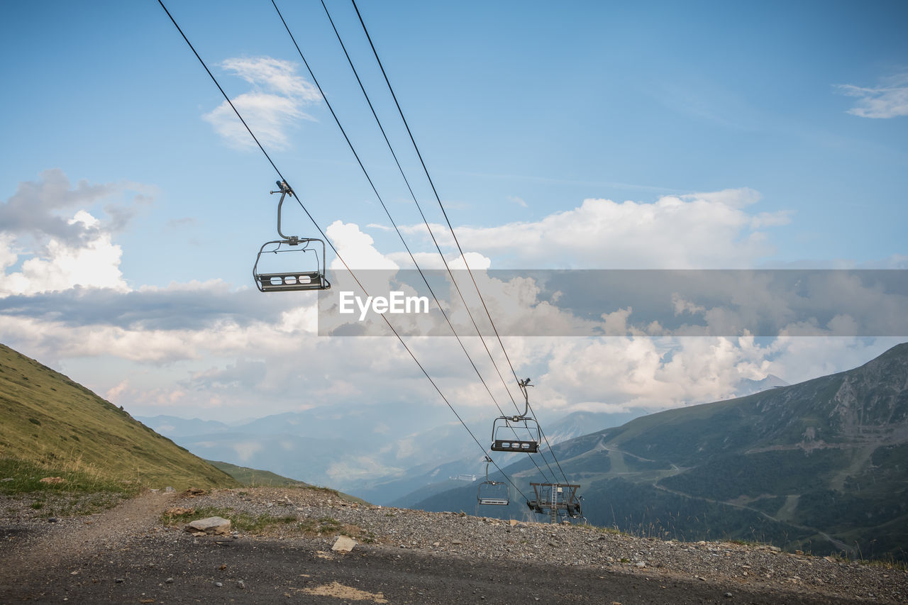 LOW ANGLE VIEW OF OVERHEAD CABLE CARS AGAINST MOUNTAIN