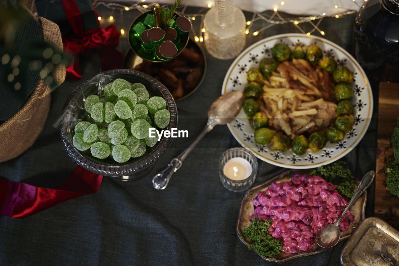 Christmas food and decoration on table