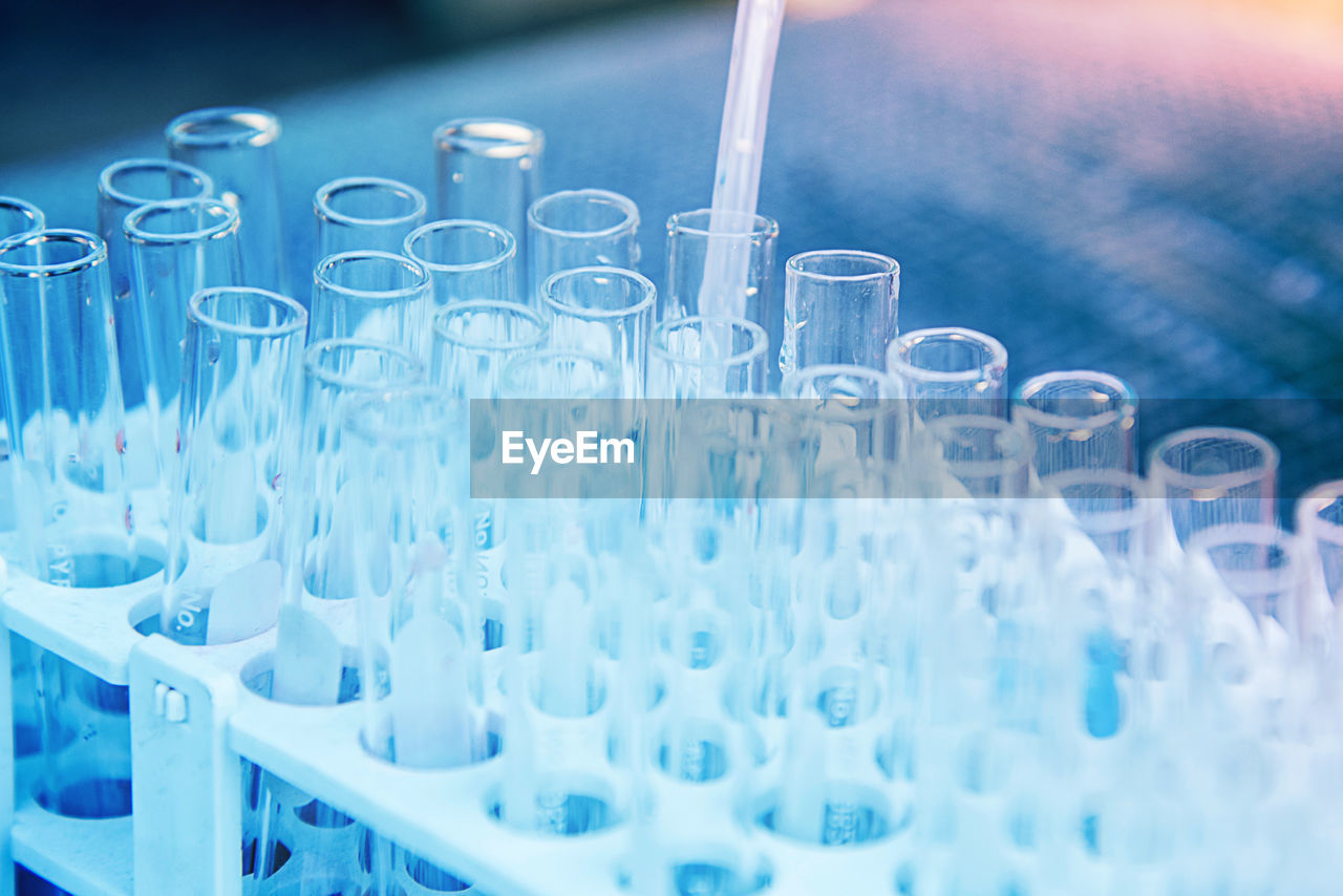 Close-up of empty test tubes in rack