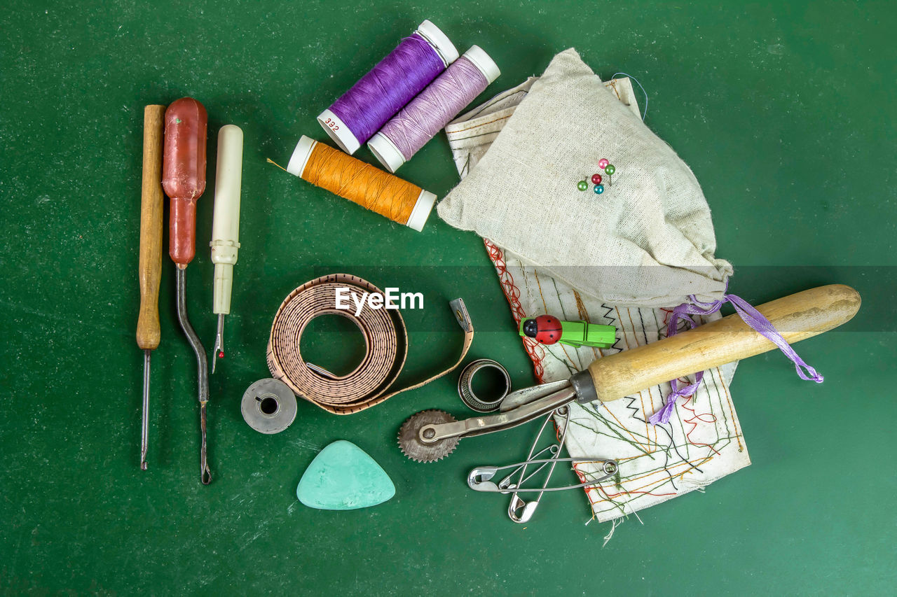 High angle view of tools on table