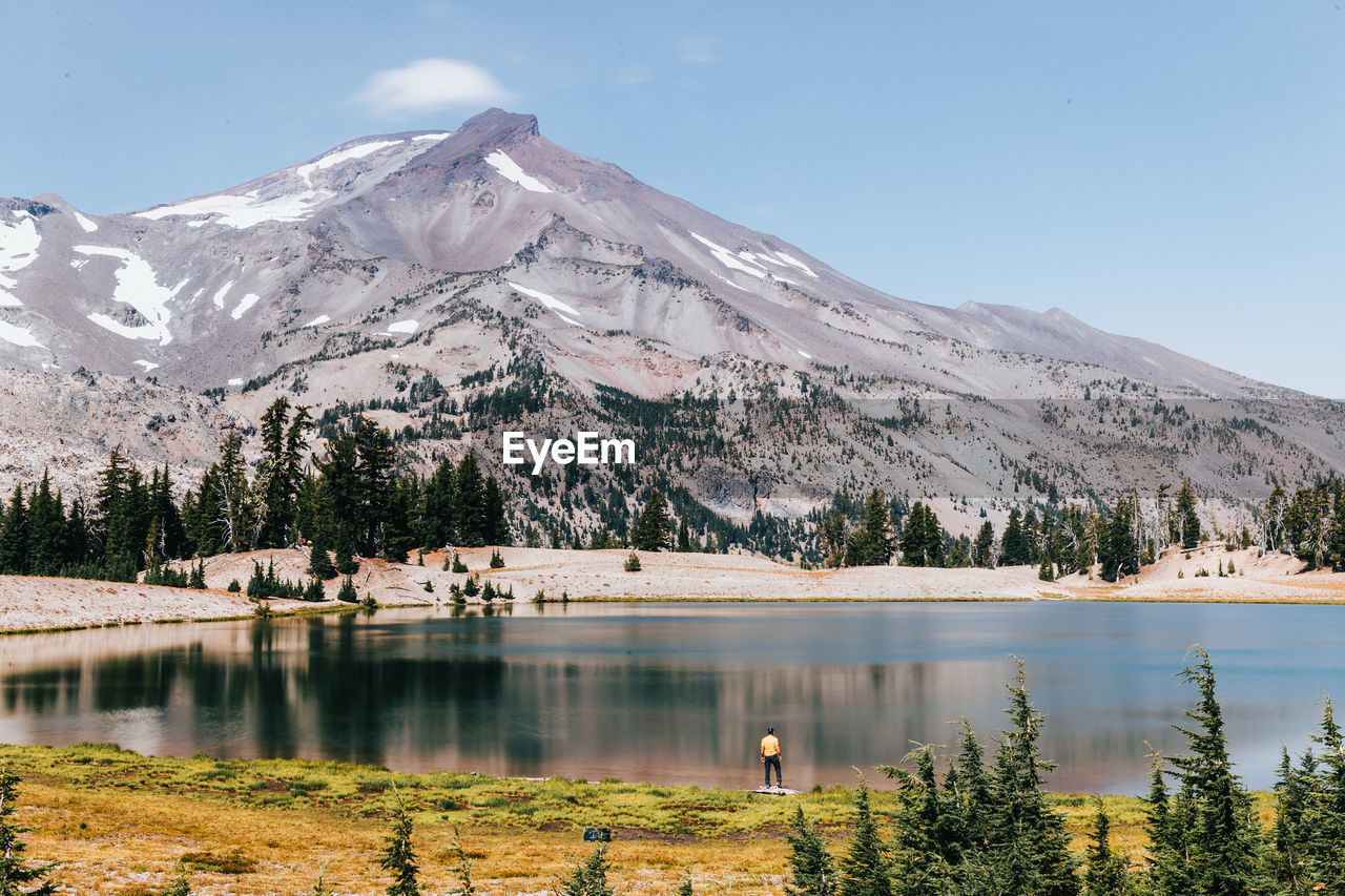 SCENIC VIEW OF LAKE AND SNOWCAPPED MOUNTAINS AGAINST SKY