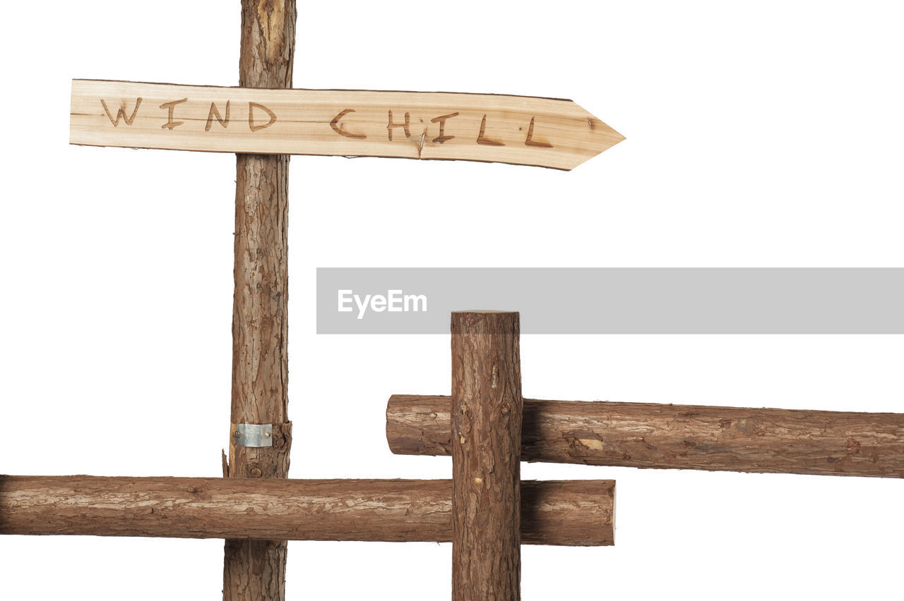 Wooden directional sign against white background