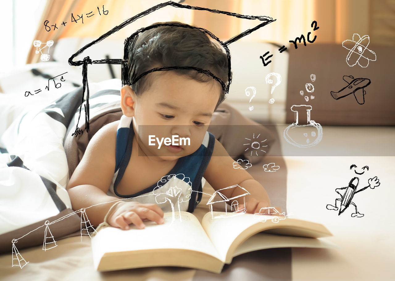Digital composite image of toddler reading book at home