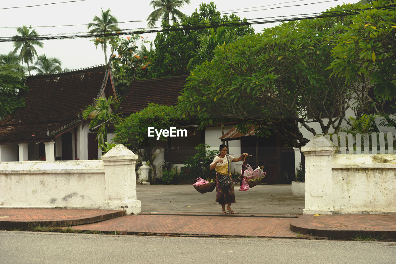 REAR VIEW OF WOMAN AGAINST TREES AND BUILDING