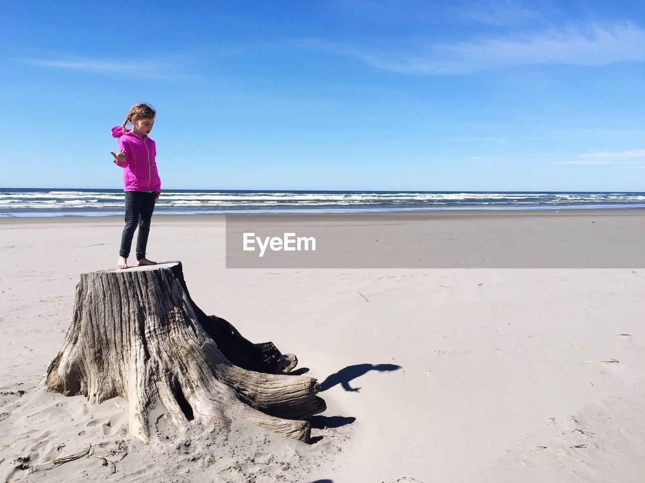 Full length of girl standing on tree stump at beach against sky