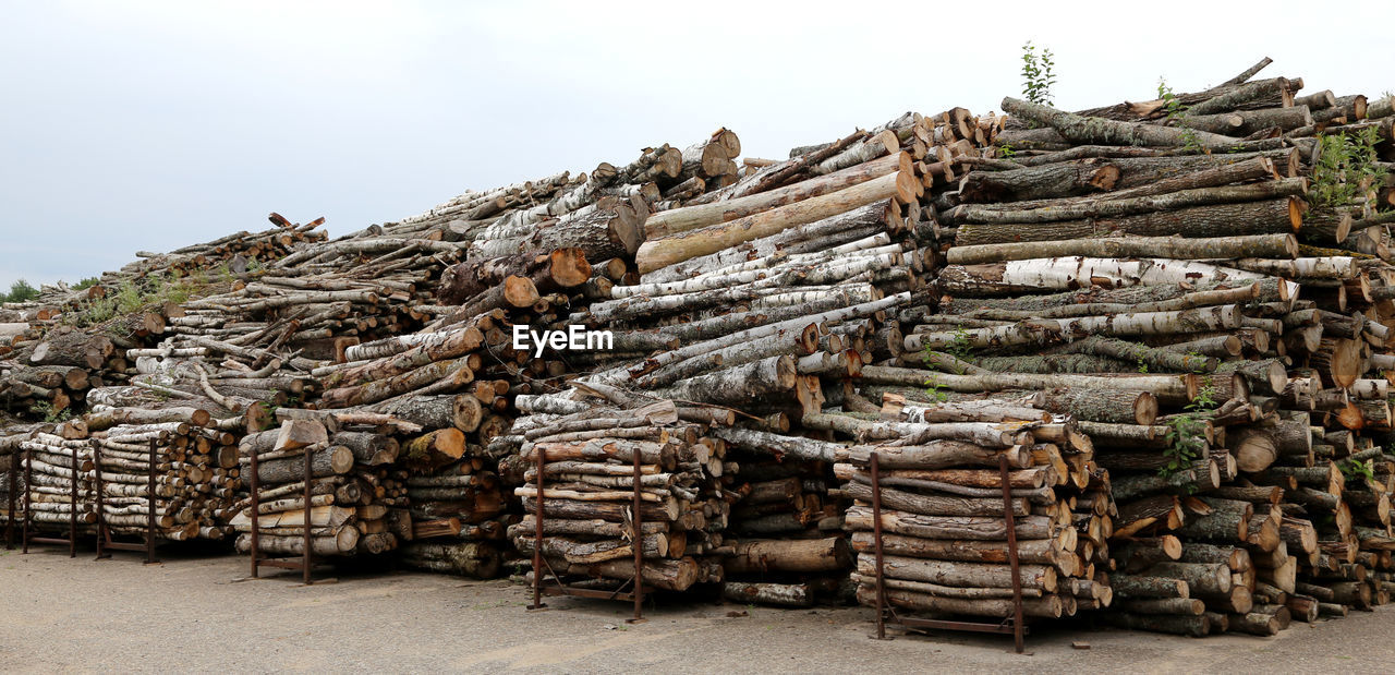 Stack of logs against sky