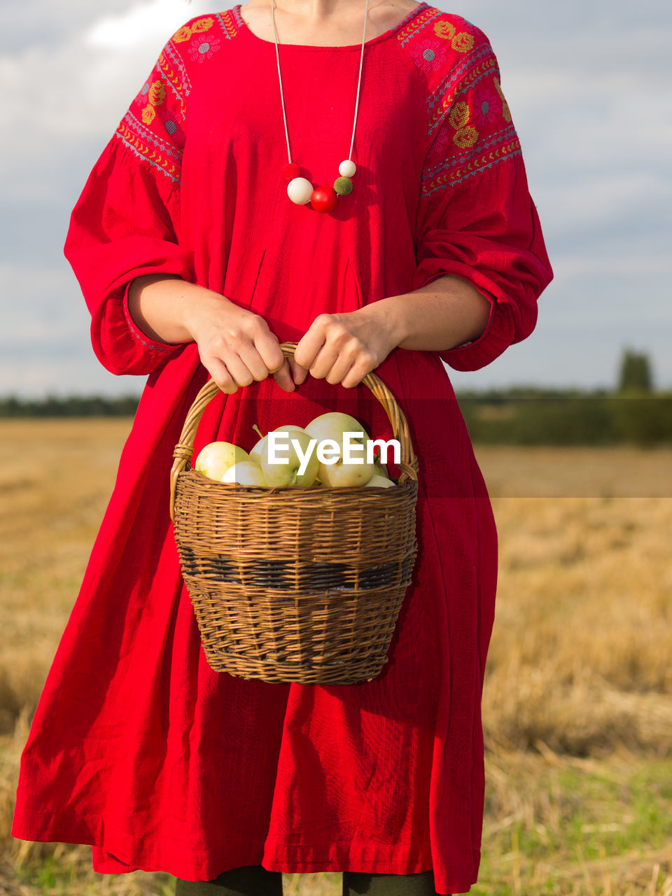 Midsection of mature woman holding wicker basket while standing on field against sky