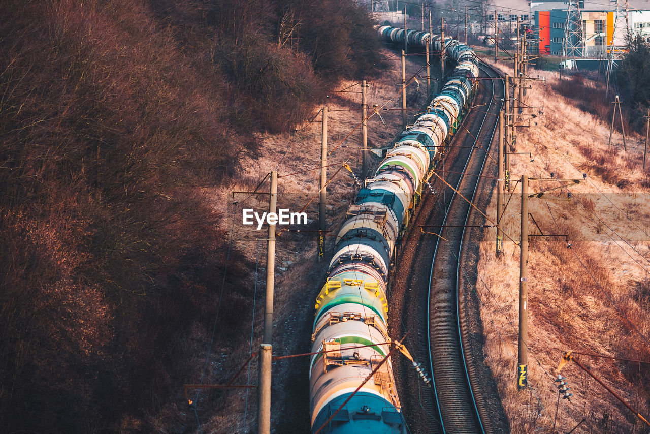 High angle view of freight train on railroad track
