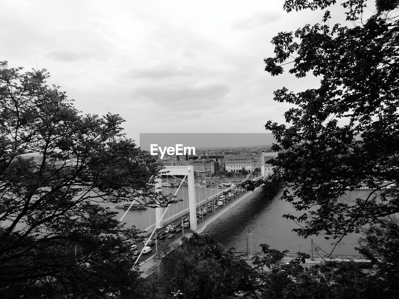 High angle view of elisabeth bridge over river against cloudy sky