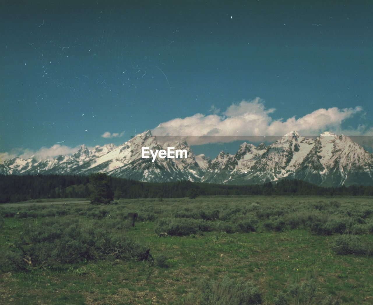 SCENIC VIEW OF FIELD AND SNOWCAPPED MOUNTAINS AGAINST SKY