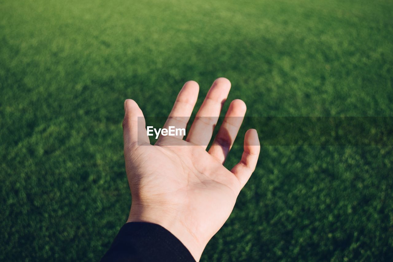 Close-up of hand against grass