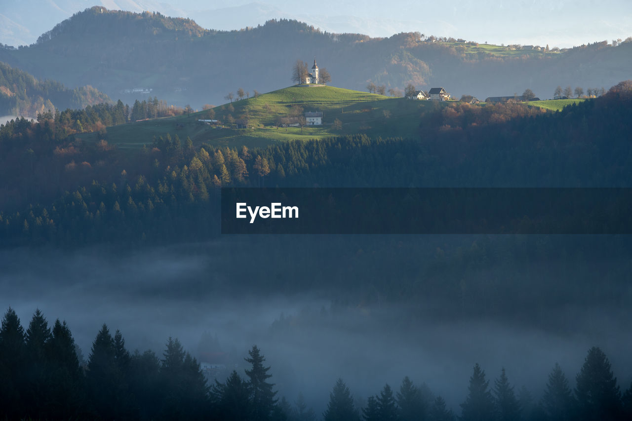 environment, mountain, tree, fog, scenics - nature, landscape, morning, land, mountain range, nature, plant, forest, mist, sky, beauty in nature, wilderness, dawn, travel, pinaceae, coniferous tree, pine tree, cloud, sun, tranquility, sunrise, architecture, travel destinations, no people, pine woodland, twilight, tranquil scene, mountain peak, rural scene, social issues, cold temperature, outdoors, ridge, tourism, winter, house, activity, valley, building, woodland, non-urban scene, field, vacation