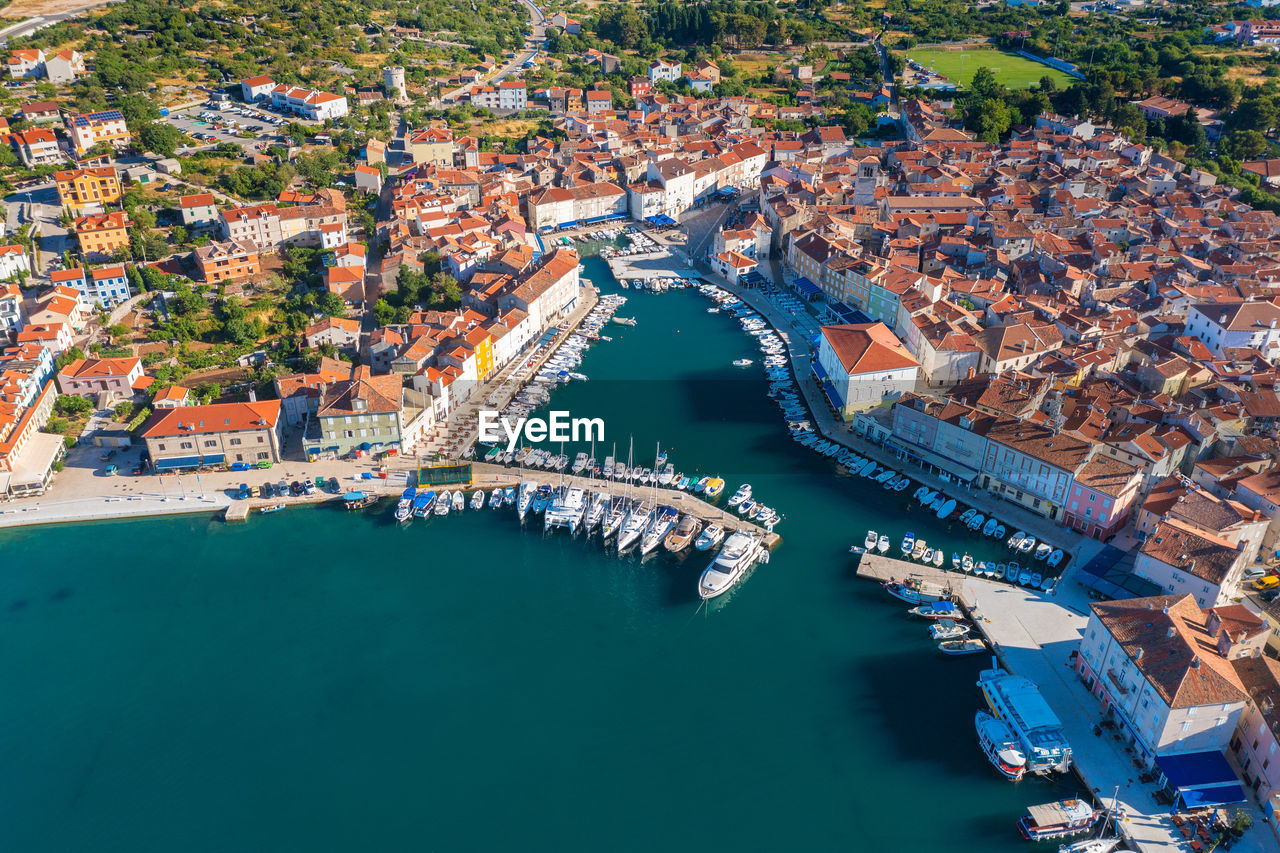 Aerial view of cres, a town in cres island, the adriatic sea in croatia