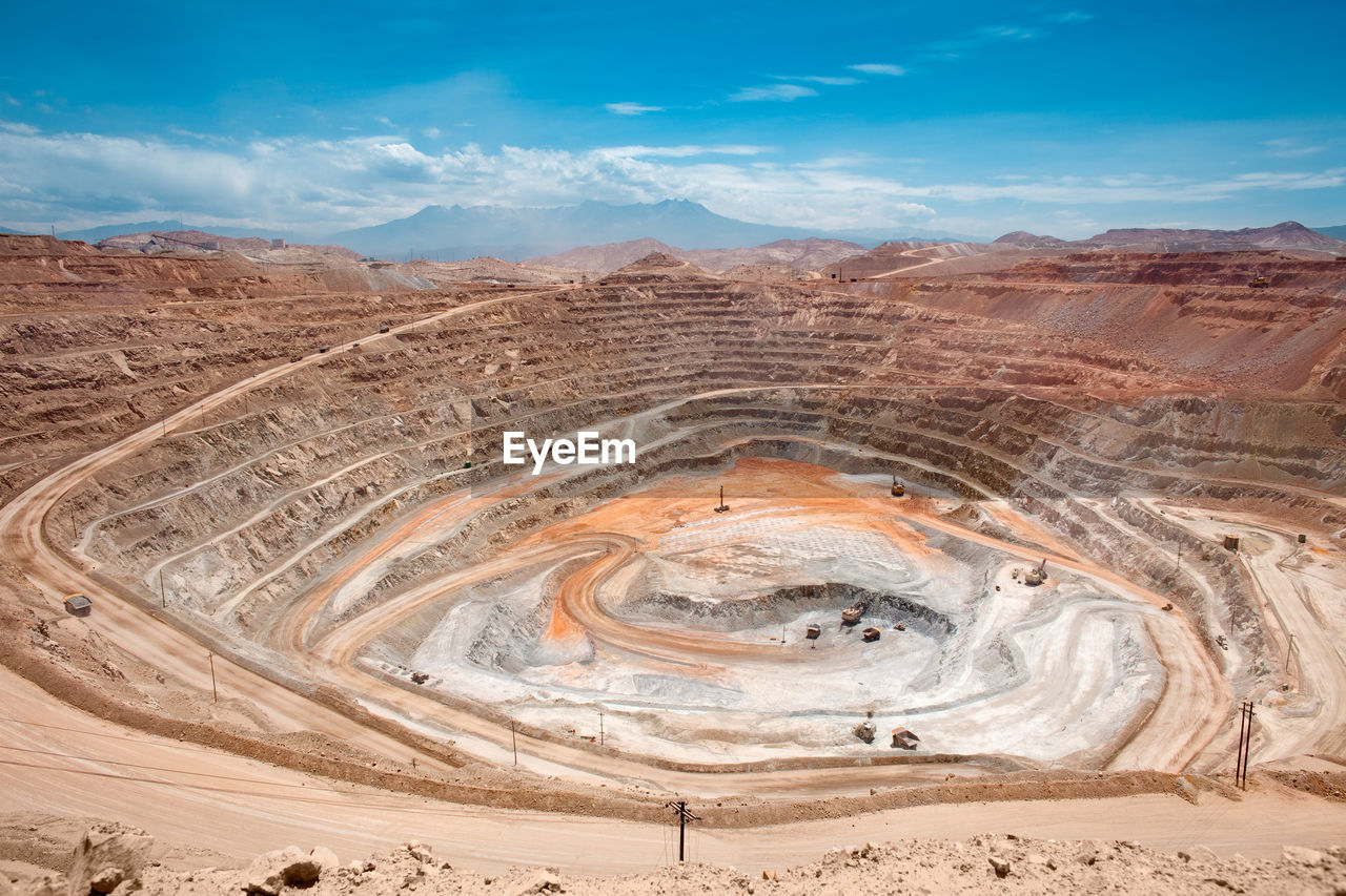 View from above of the pit of an open-pit copper mine in peru