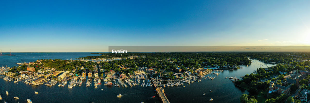 High angle view of bay against clear sky