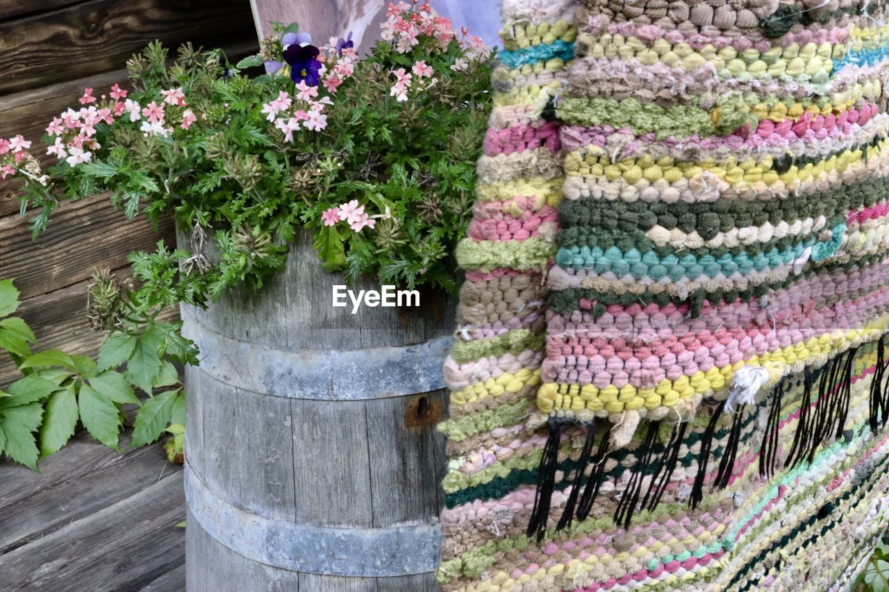 Close-up of flowering plants in barrel by woven rug outdoors