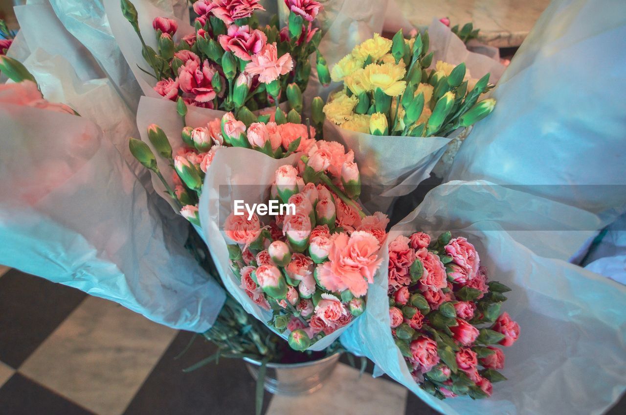 High angle view of flower bouquets in store