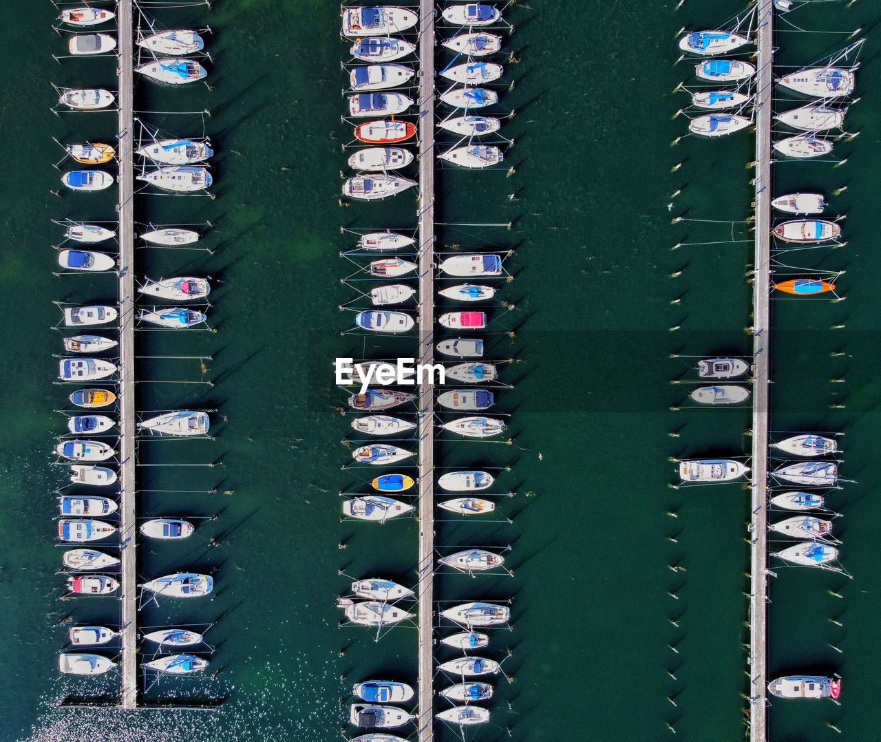 Aerial view of boats moored in sea