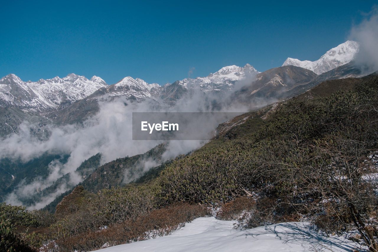 Scenic view of snow covered mountains against sky