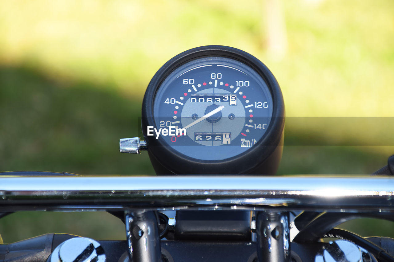 Close-up of speedometer on motorcycle