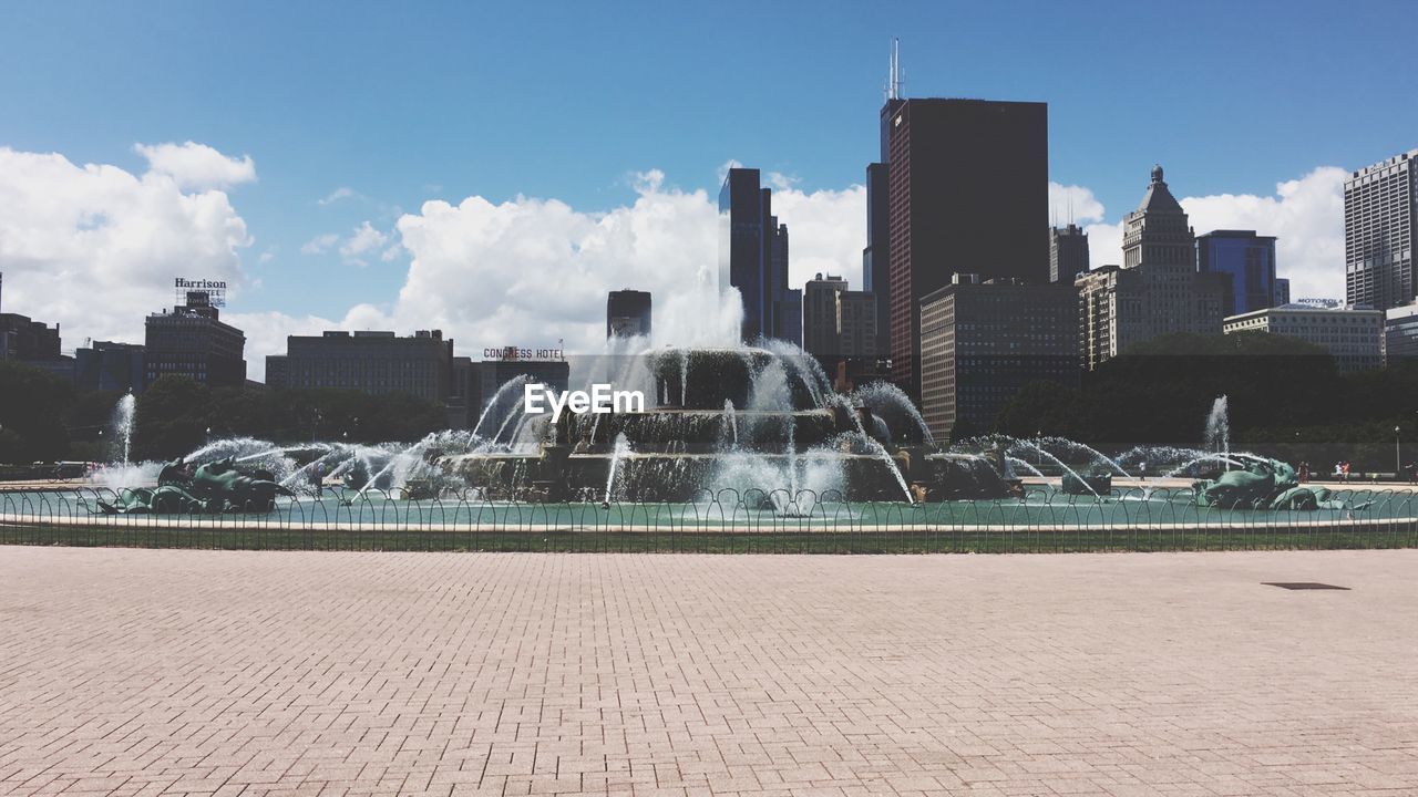 City skyline with skyscrapers in background