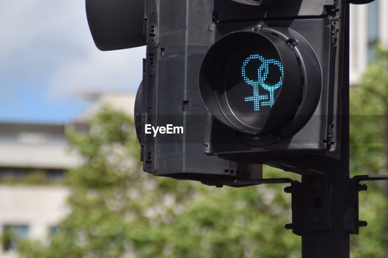 Close-up of road signal against trees