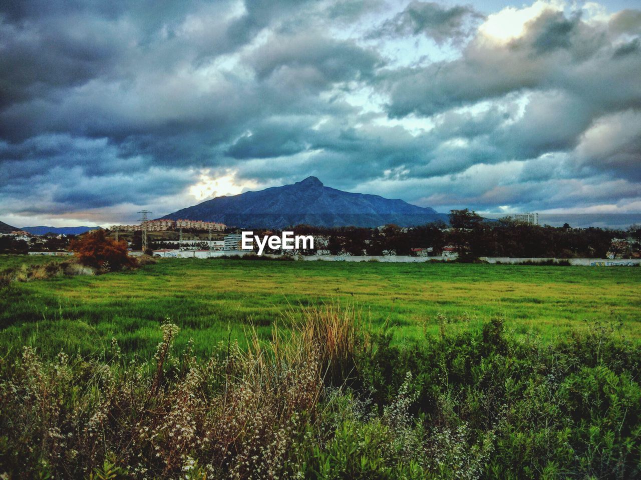 Scenic view of mountains and grassy field against cloudy sky at dusk