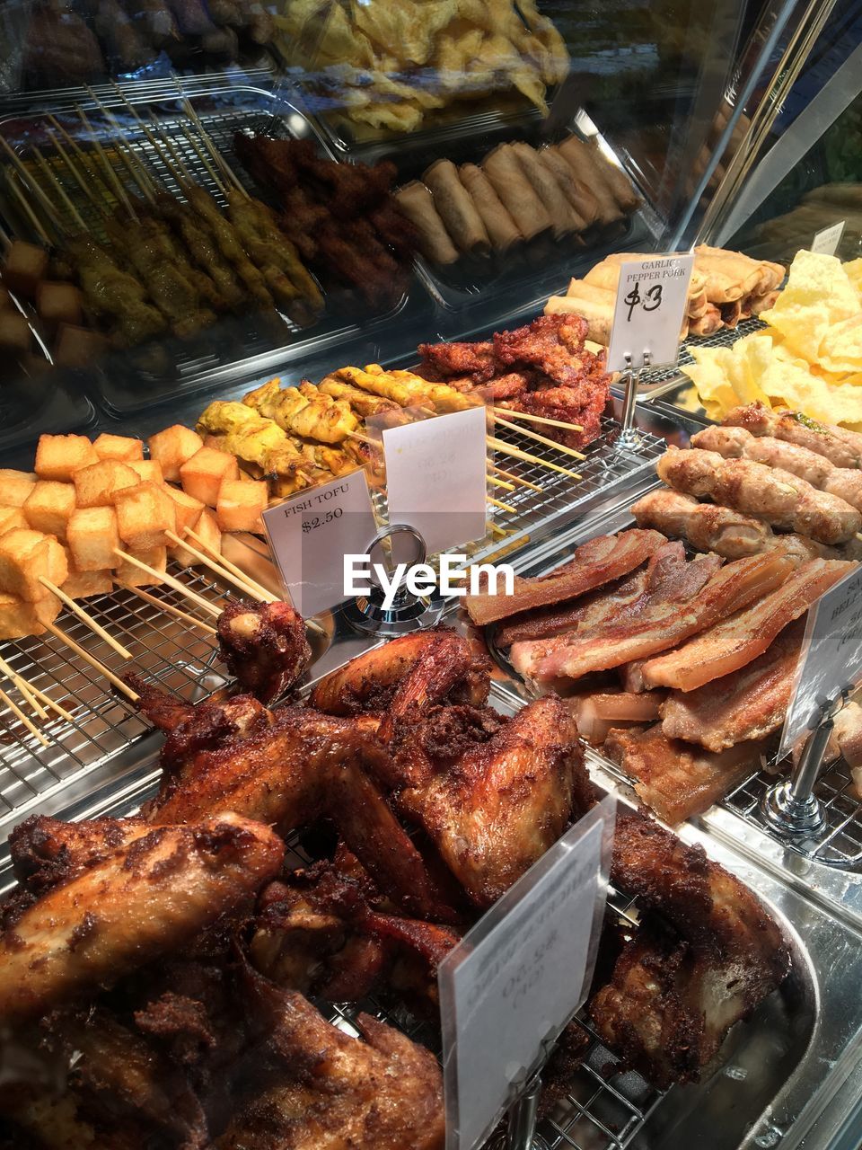 HIGH ANGLE VIEW OF MEAT FOR SALE IN MARKET