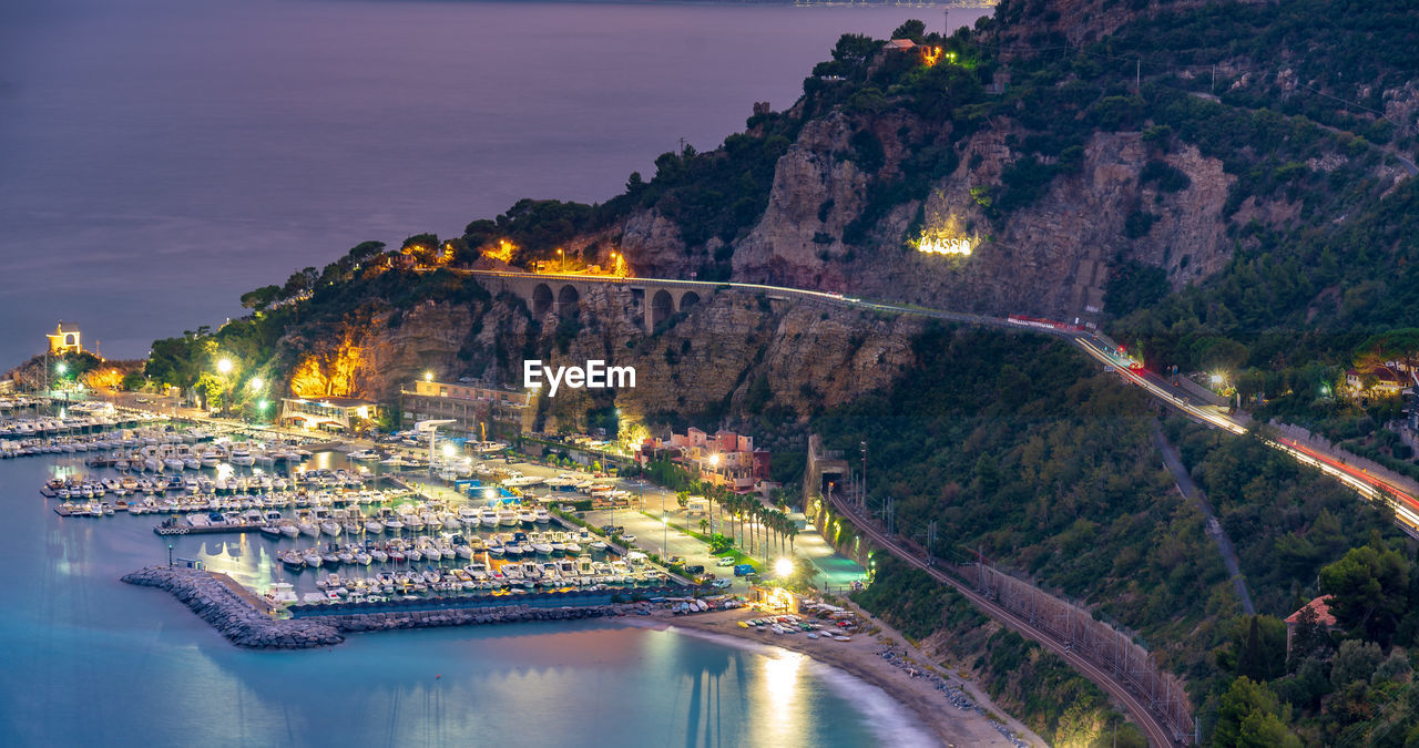 High angle view of illuminated city buildings