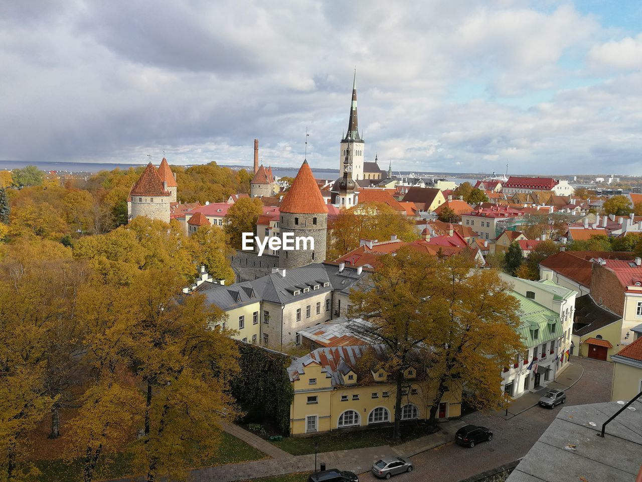 High angle view of town against sky in city