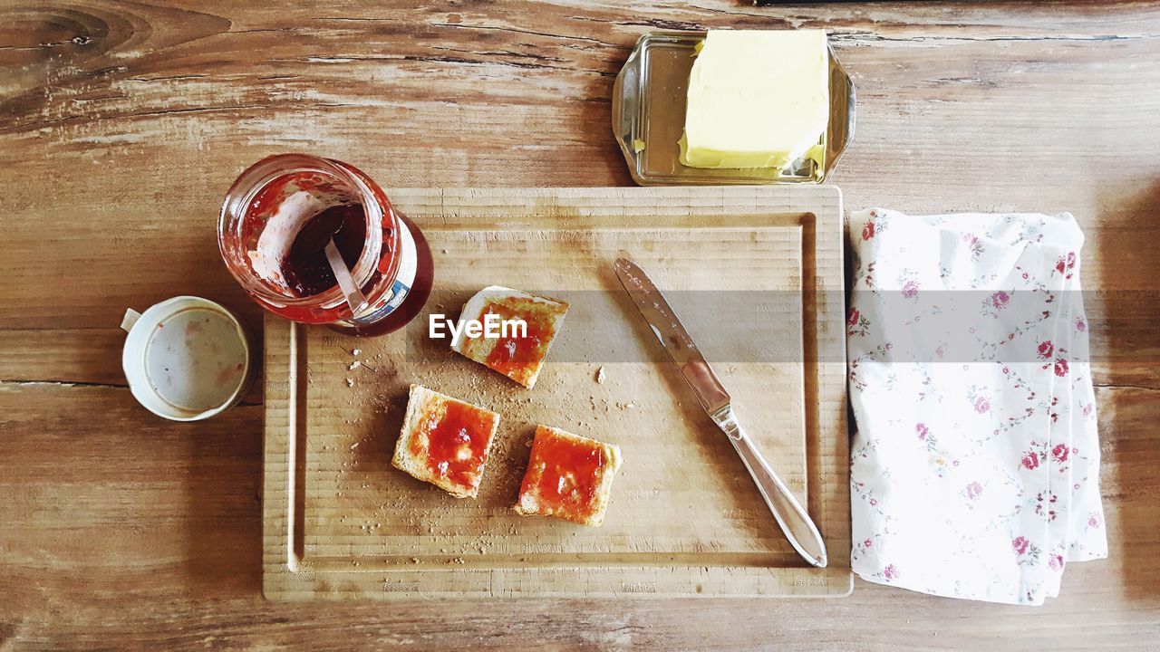 Directly above shot of food on wooden table