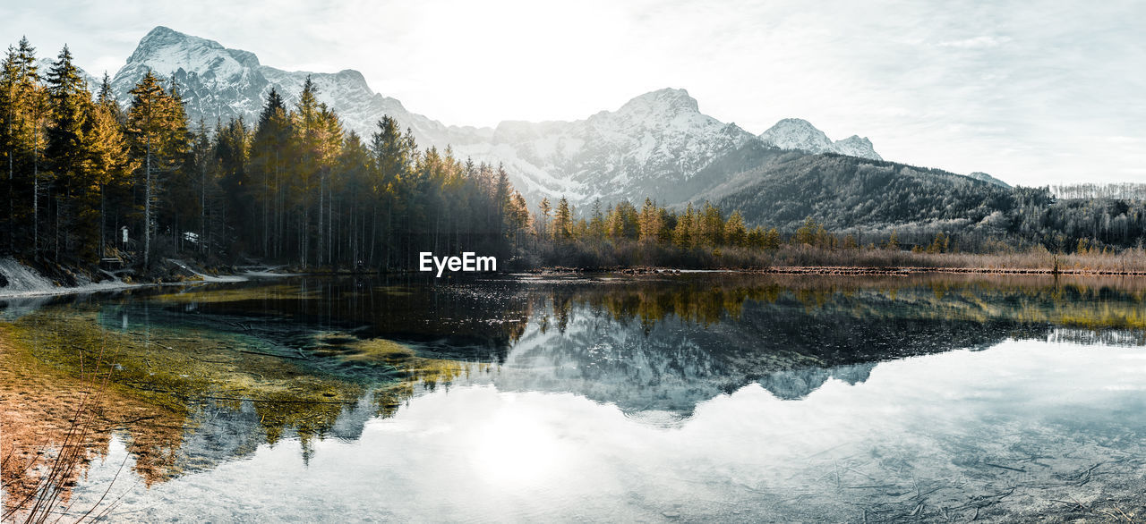 Scenic view of lake by trees against sky