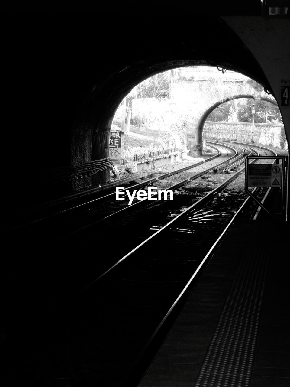 High angle view of railroad tracks in tunnel