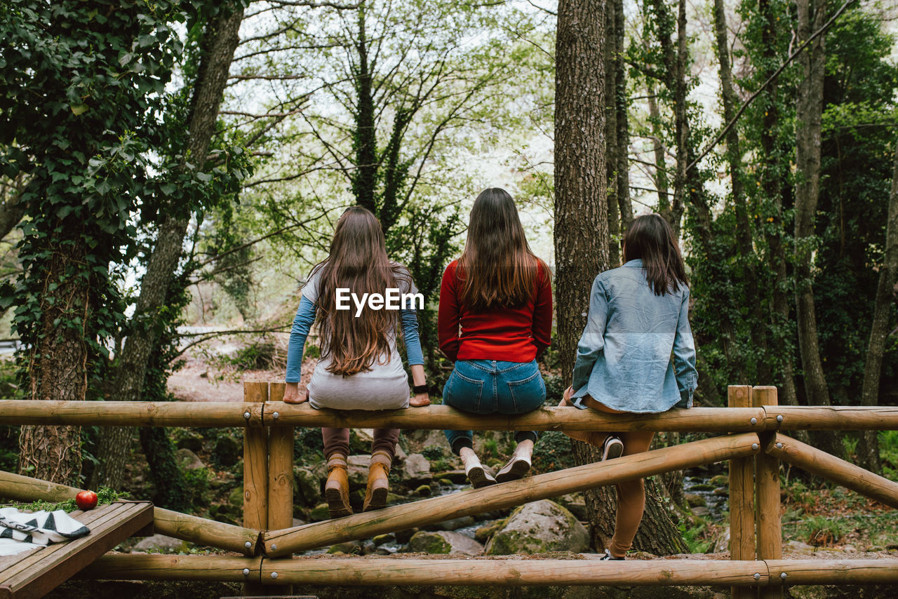 Back view of company of unrecognizable female friends sitting on wooden fence in forest and enjoying nature during summer vacation in valle del jerte