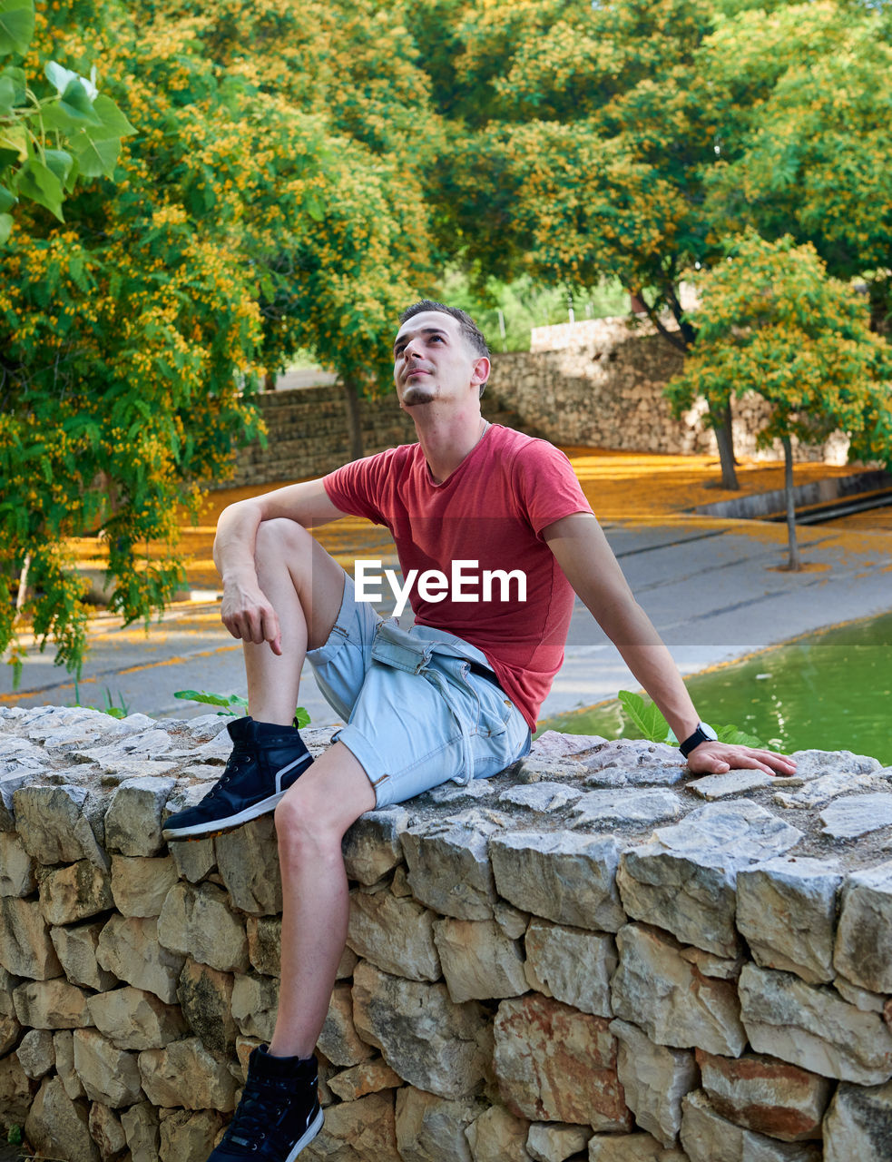 Portrait of man sitting on retaining wall