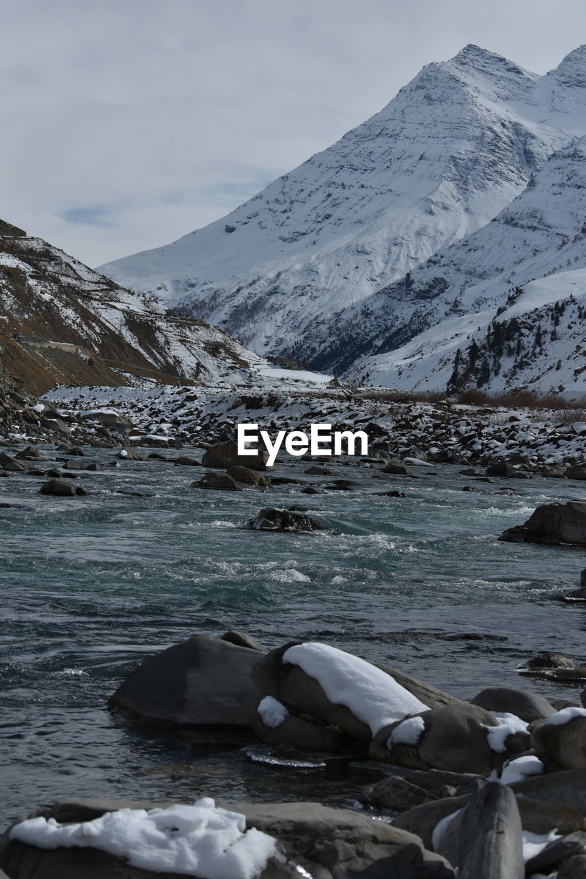 Scenic view of snowcapped mountains against sky