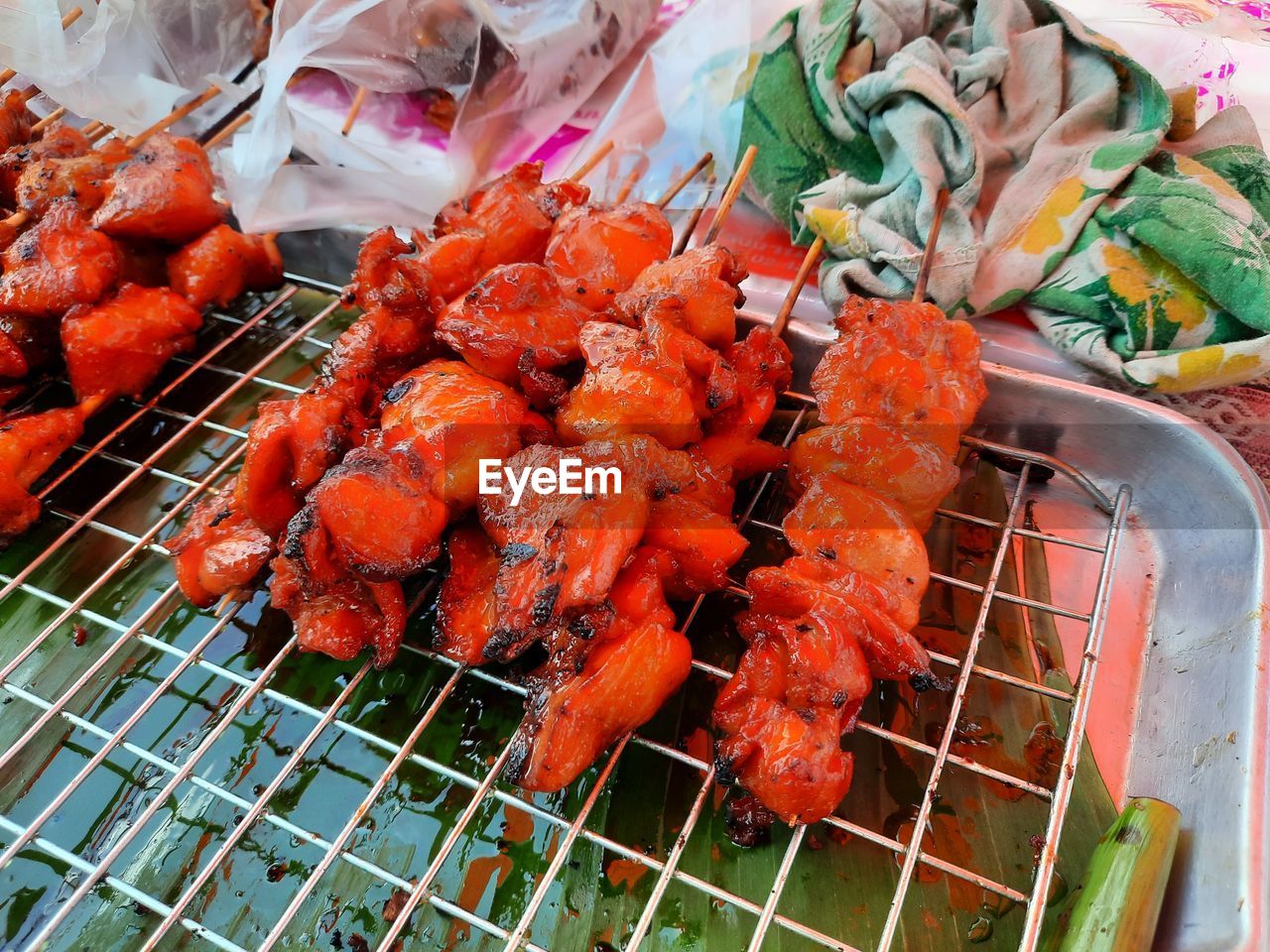 HIGH ANGLE VIEW OF MEAT ON BARBECUE