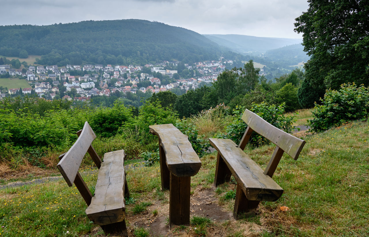 BENCH ON FIELD AGAINST SKY