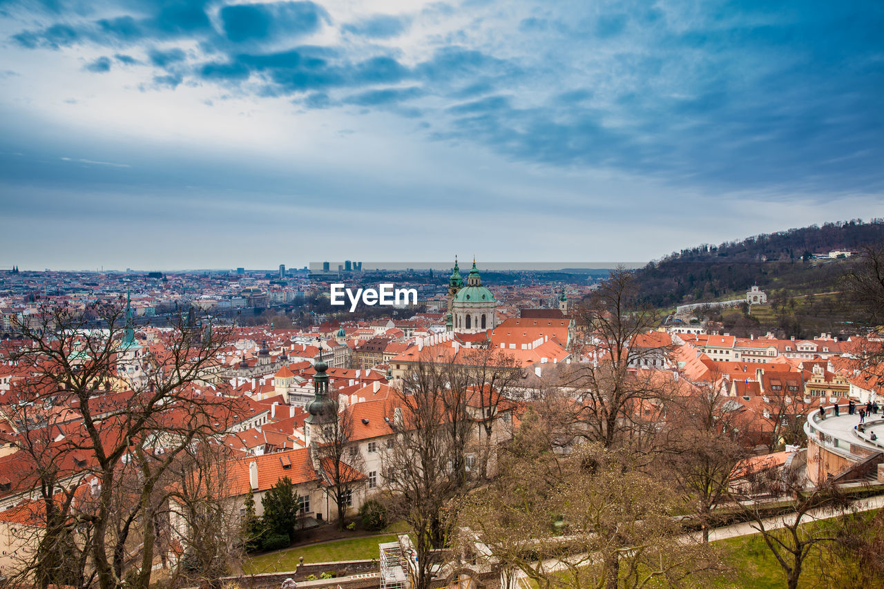 The beautiful prague city old town seen form the prague castle viewpoint in an early spring day