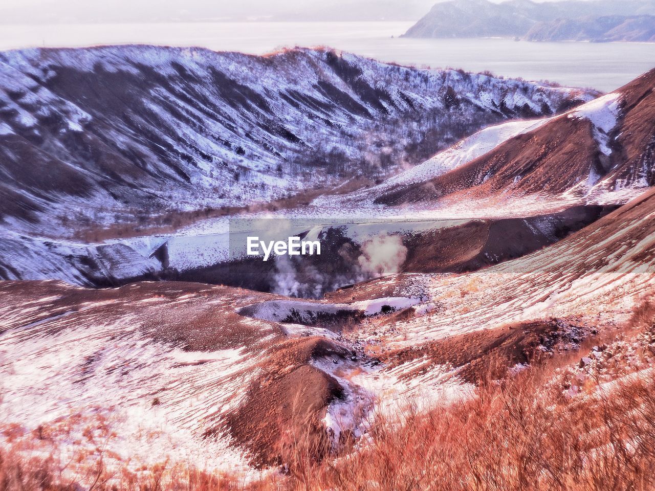 Aerial view of snow covered land