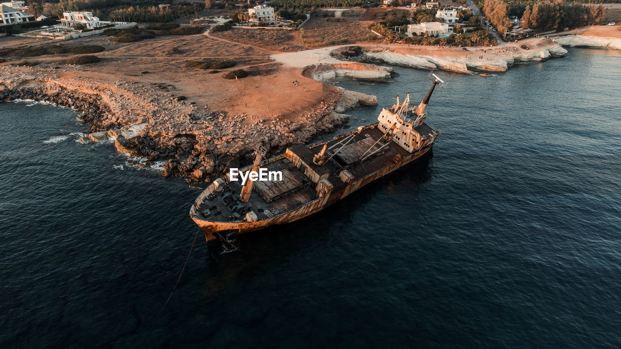 High angle view of ship on sea