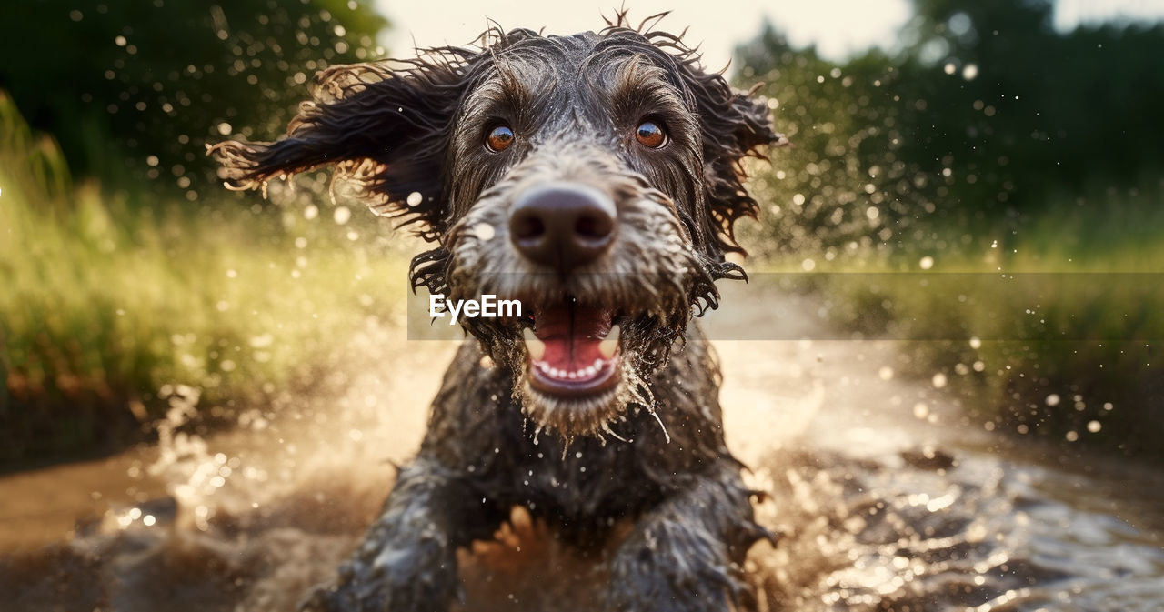 dog, canine, one animal, animal themes, pet, mammal, domestic animals, animal, wet, water, motion, splashing, nature, drop, portrait, no people, retriever, looking at camera, focus on foreground, day, outdoors, carnivore, happiness, border collie, shaking, animal body part, sunlight, fun, summer
