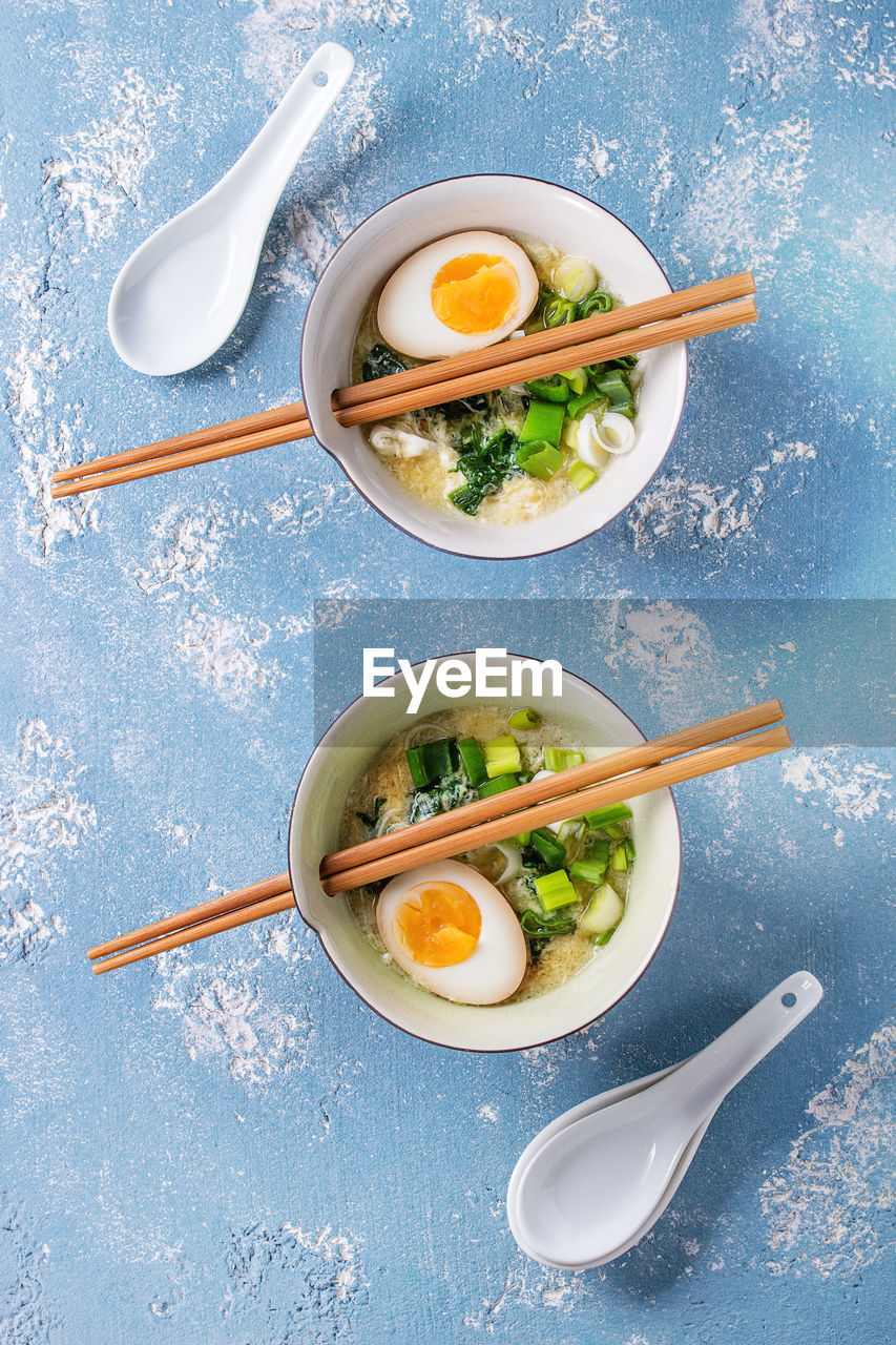 High angle view of soup in bowl on table